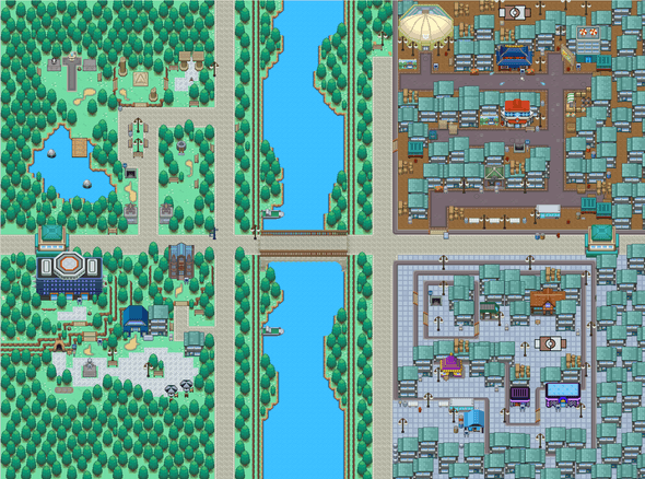 Screenshot największego miasta w mojej fanowskiej grze Pokemon.