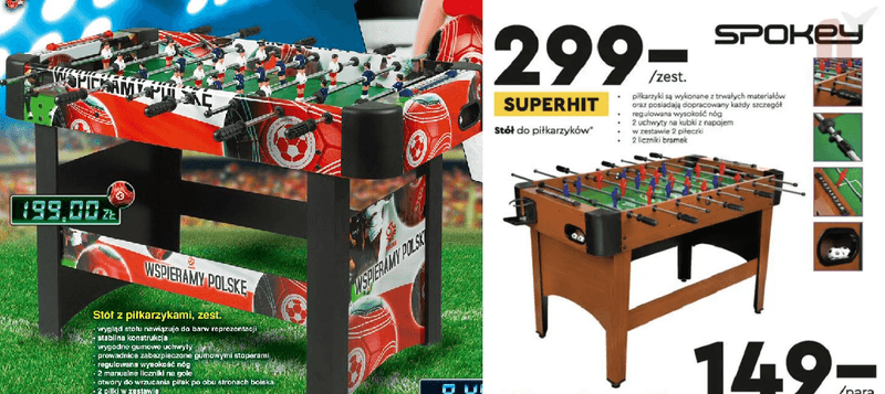  Stoły do piłkarzyków w ofercie Biedronki. Gazetki z 2011 i 2020 roku.